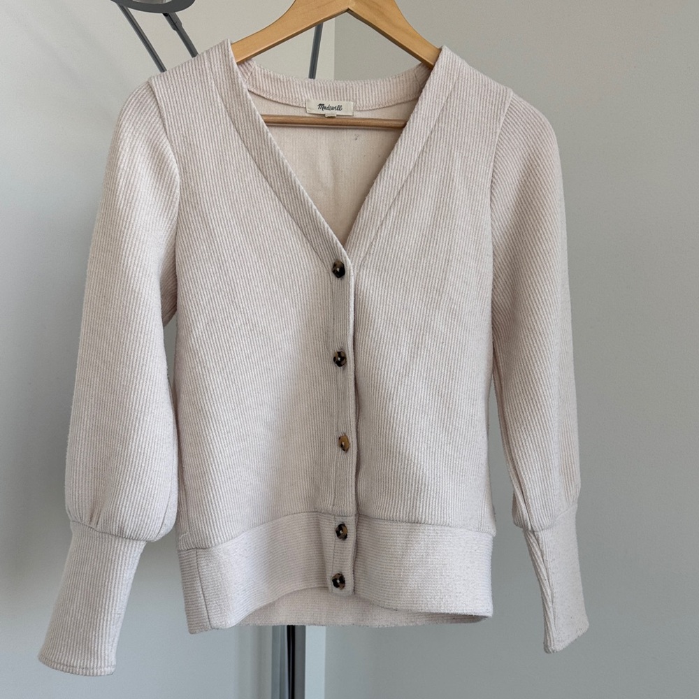 Madewell Light Cream Ribbed V-Neck Button-Up Cardigan